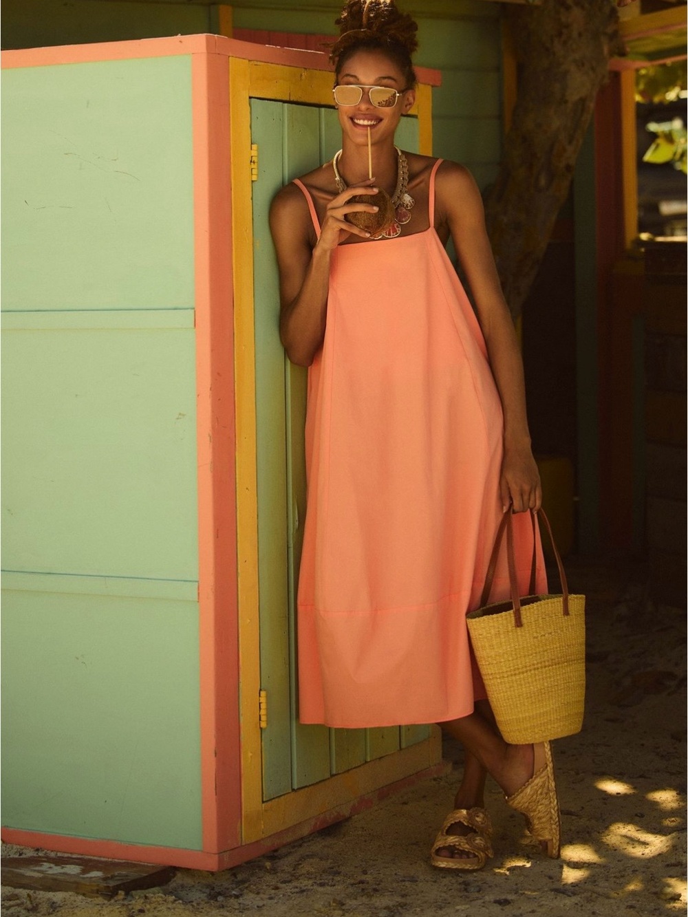 Anthropologie Coral Pink Slip Midi Dress